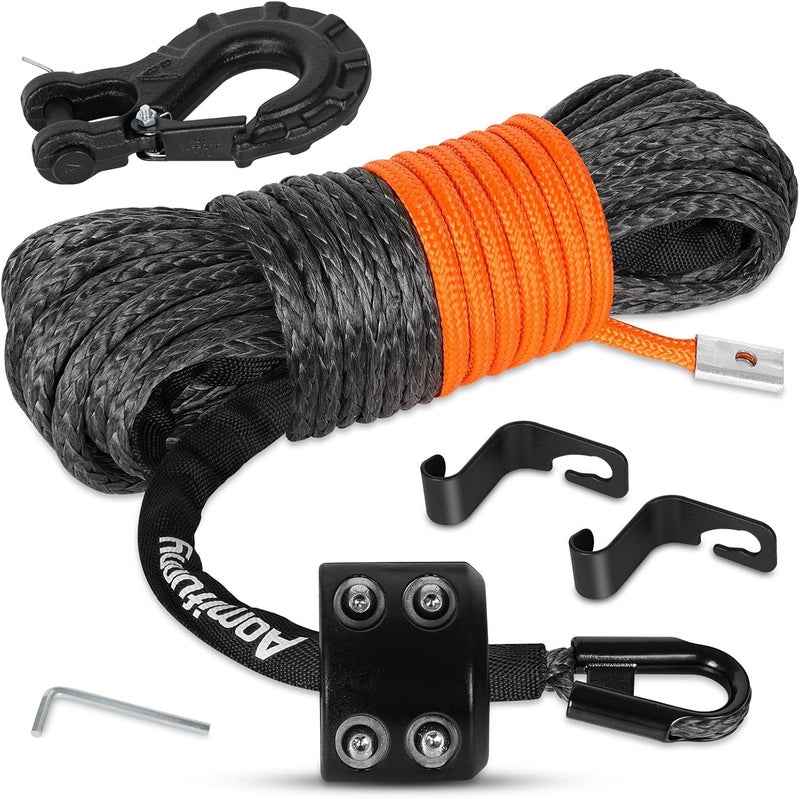 Aomifunny حبل ونش صناعي، 1/4" × 50 قدم 10000 رطل حبل ونش، كابل ونش صناعي مع غلاف واقي + خطاف ونش + حزام سحب أمان لمركبات الطرق الوعرة ATV UTV SUV (أسود) - Image 1